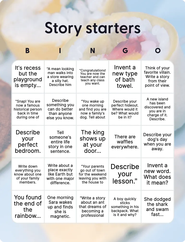 Story starters bingo card template