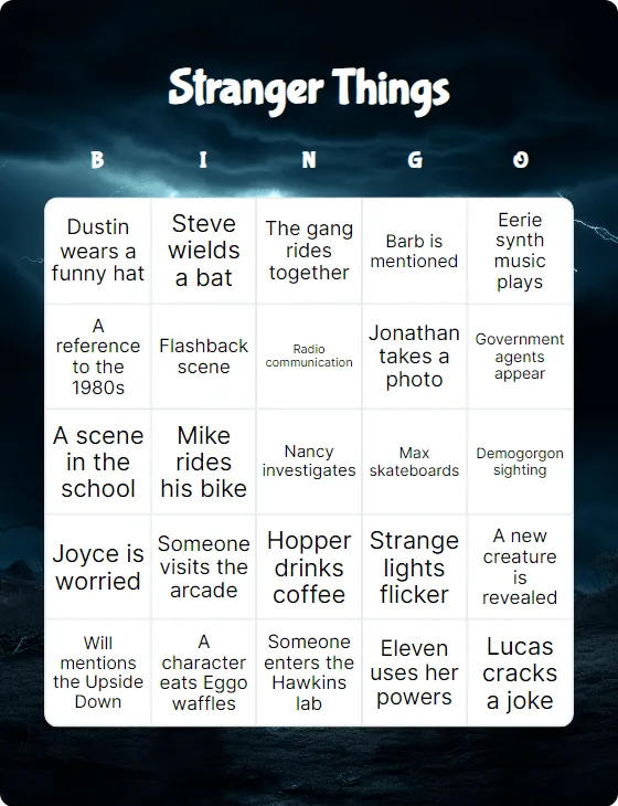 Stranger Things bingo card