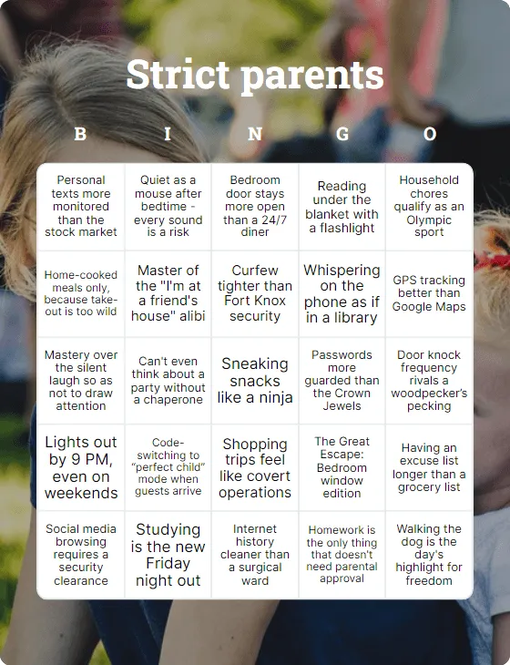 Strict parents bingo card