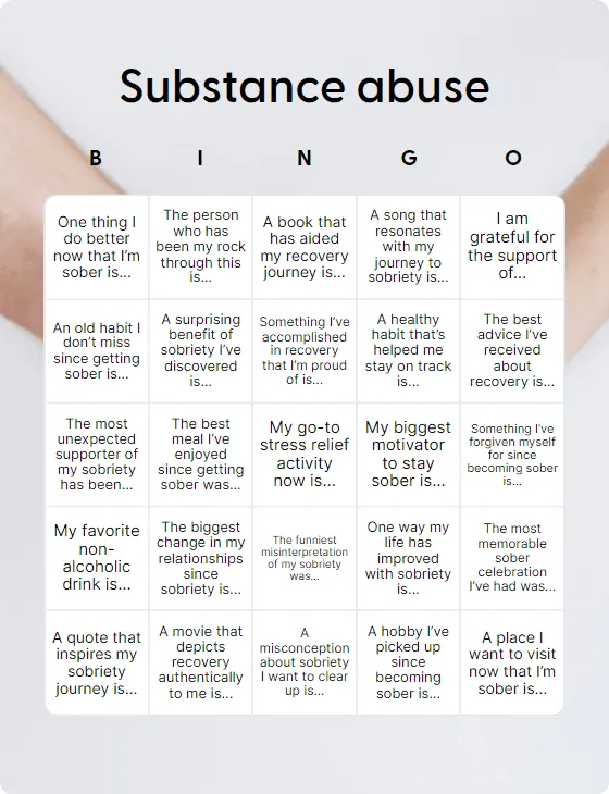 Substance abuse bingo card