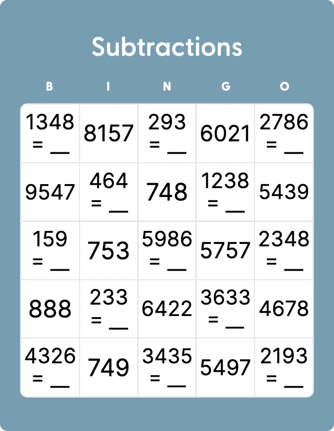 Subtractions bingo card