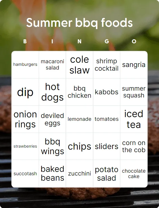 Summer bbq foods bingo card