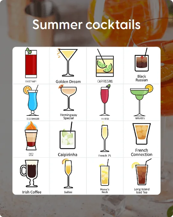 Summer cocktails bingo card template