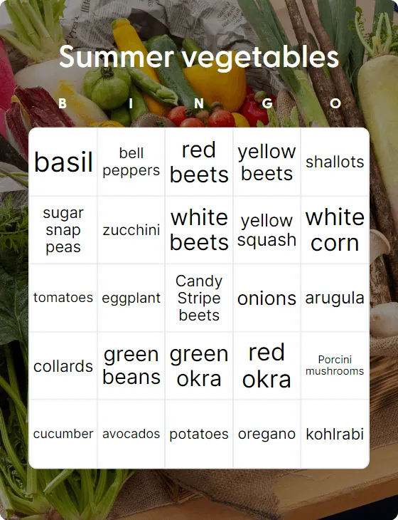 Summer vegetables bingo card