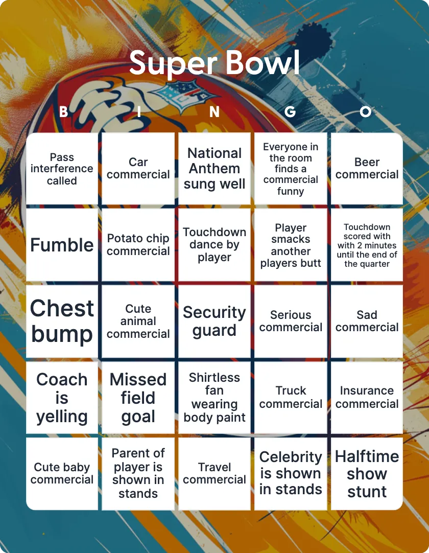 Super Bowl bingo card
