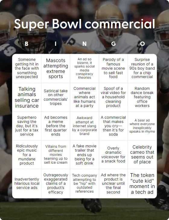 Super Bowl commercial bingo card template