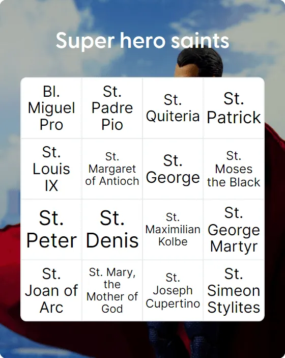 Super hero saints bingo card