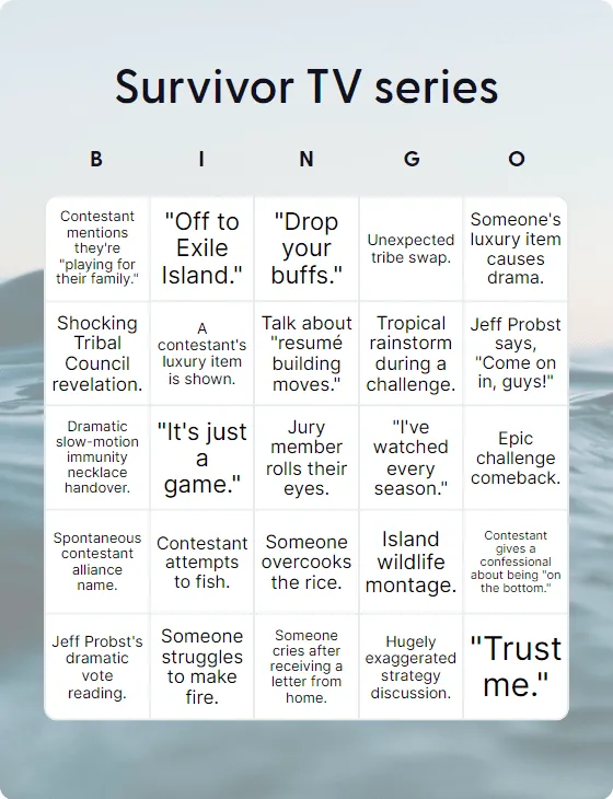 Survivor TV series bingo card template