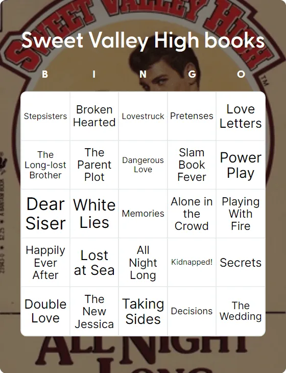 Sweet Valley High books bingo card