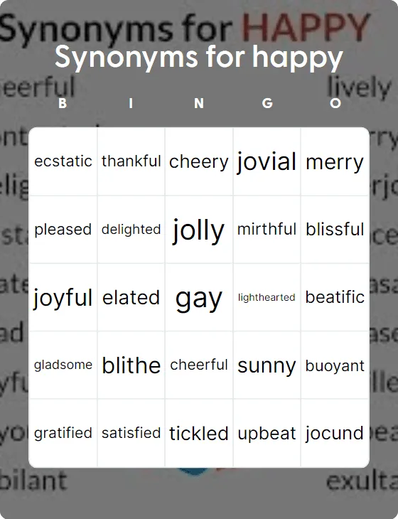 Synonyms for happy bingo card template