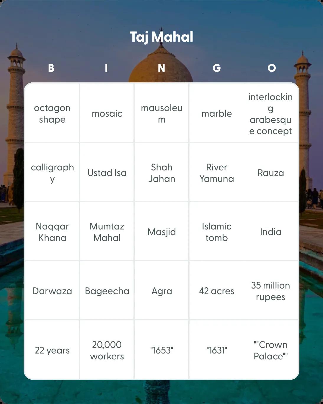 Taj Mahal bingo card