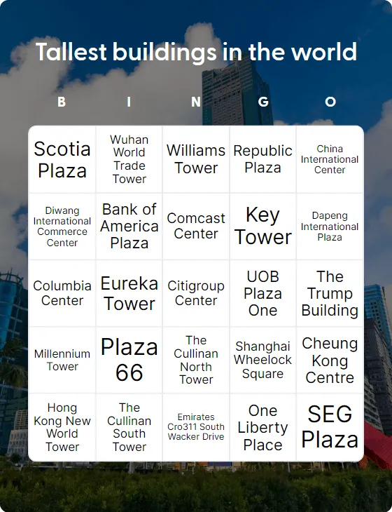 Tallest buildings in the world bingo card template