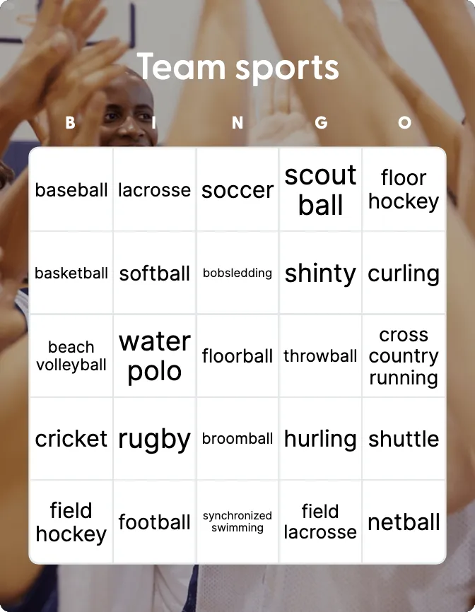 Team sports bingo card template
