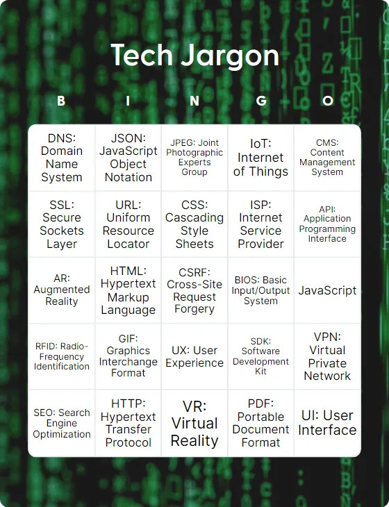 Tech Jargon bingo card