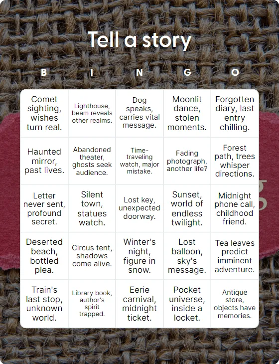 Tell a story bingo card template