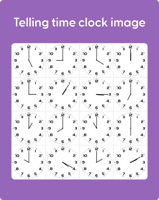 Telling time clock image bingo card template