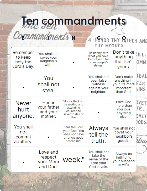 Ten commandments bingo card
