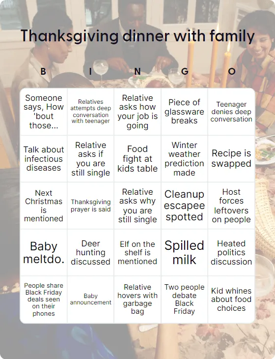 Thanksgiving dinner with family bingo card
