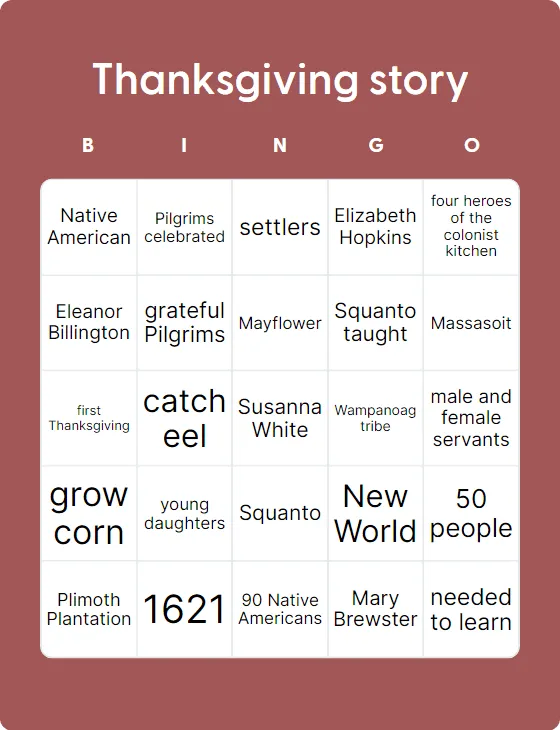 Thanksgiving story bingo card template