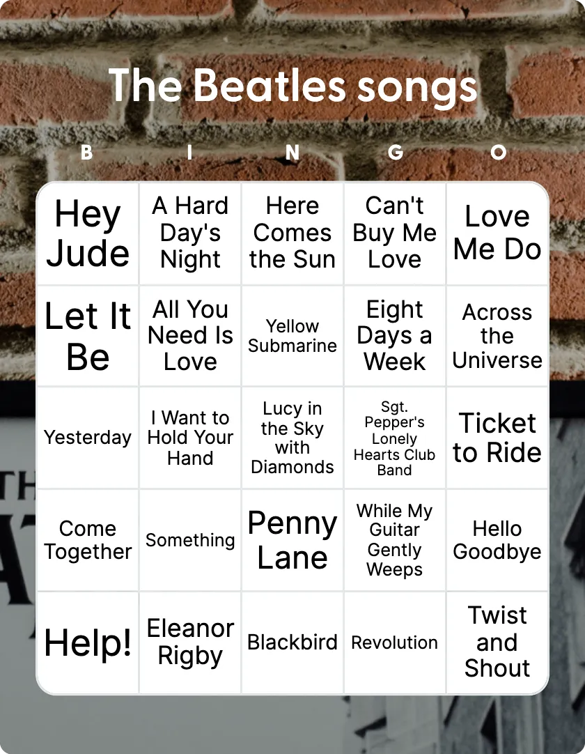 The Beatles songs bingo card
