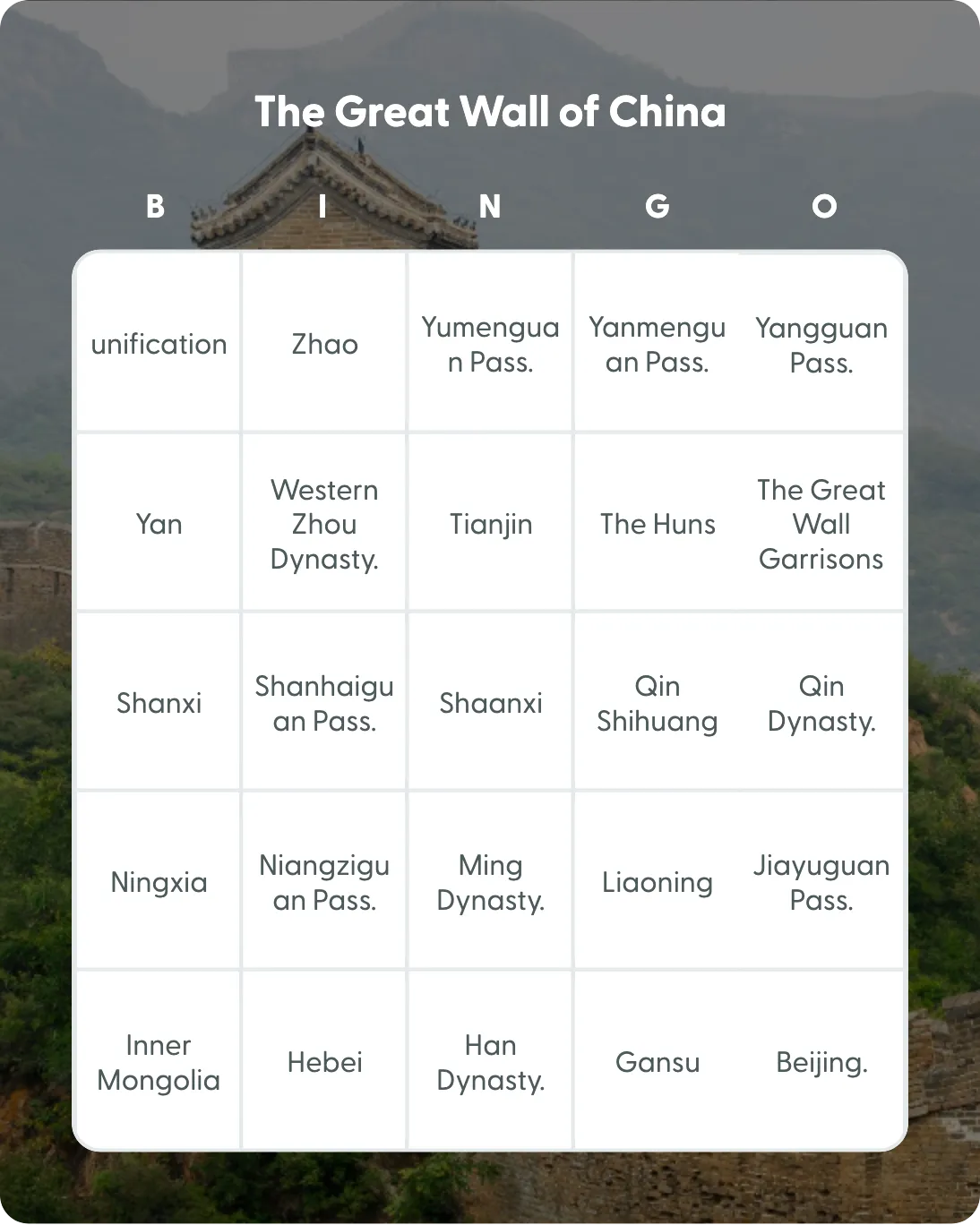 The Great Wall of China bingo card