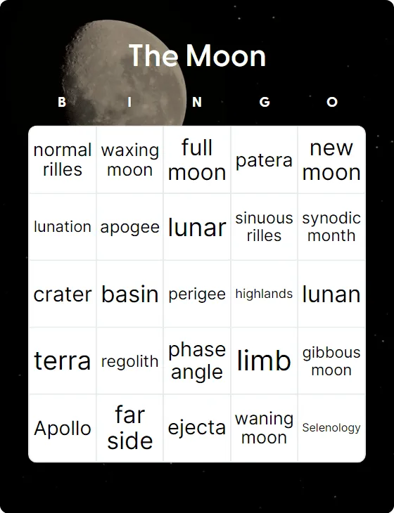 The moon bingo card template