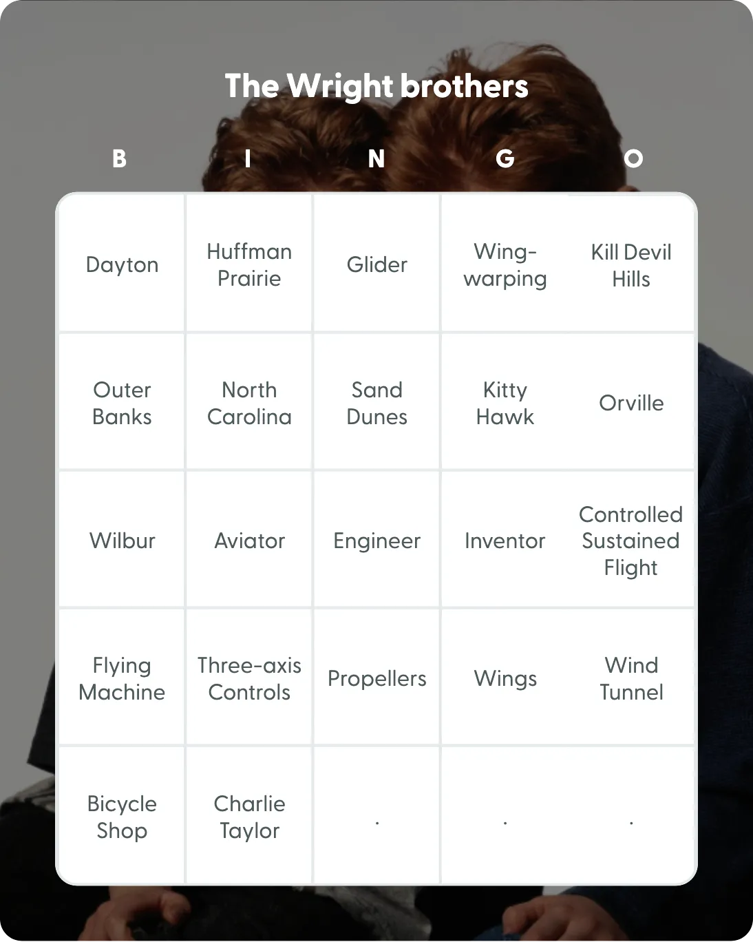 The Wright brothers  bingo card template