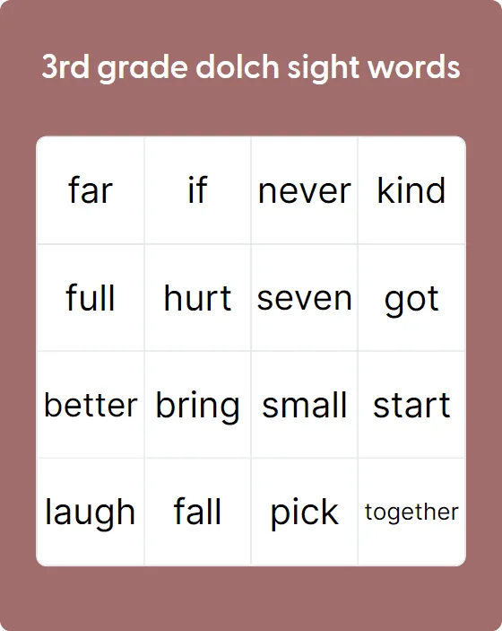 Third grade dolch sight words bingo card