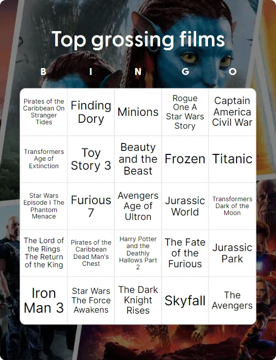 Top grossing films bingo card