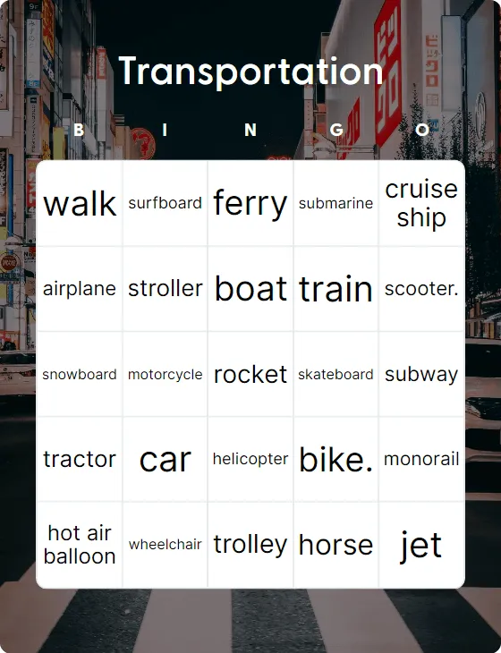 Transportation bingo card template