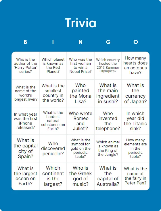 Trivia bingo card template