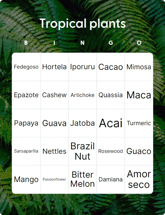 Tropical plants bingo card