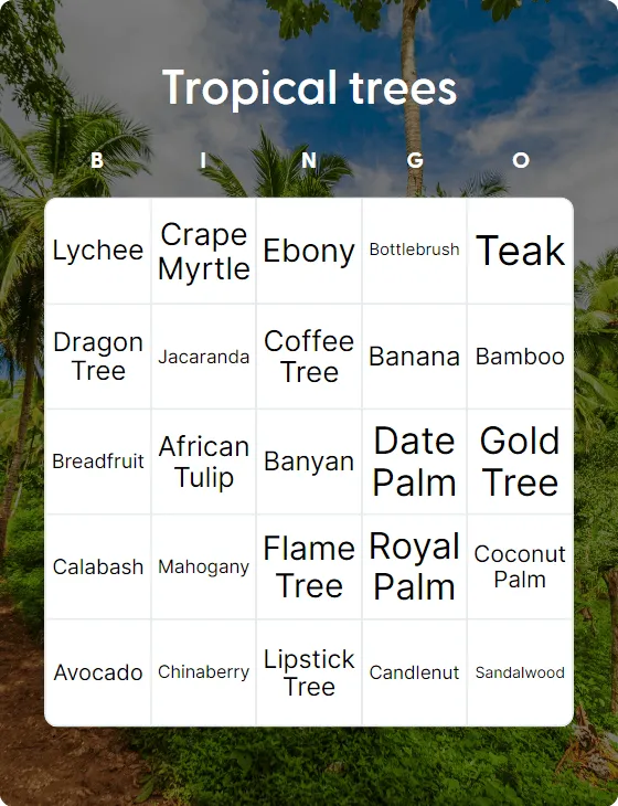 Tropical trees  bingo card template