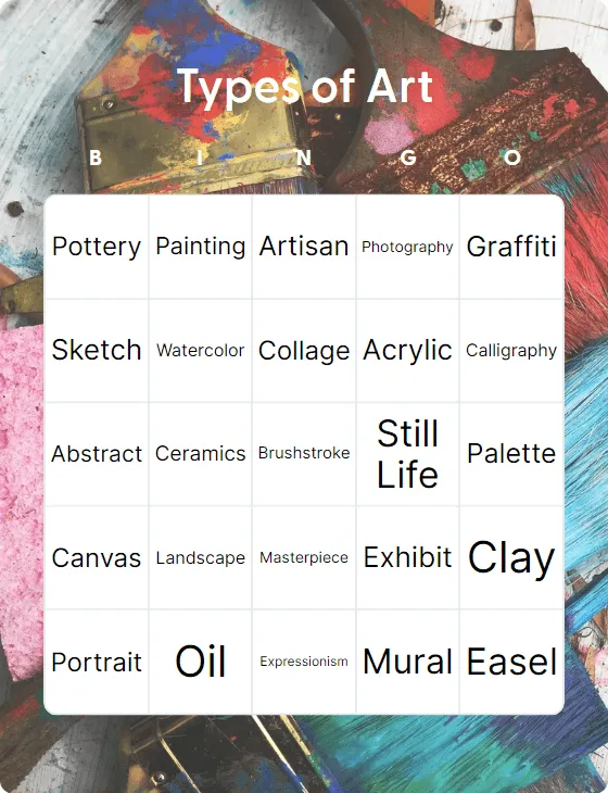 Types of Art bingo card template