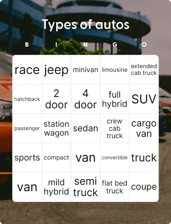 Types of autos bingo card template