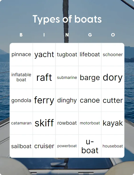 Types of boats bingo card template