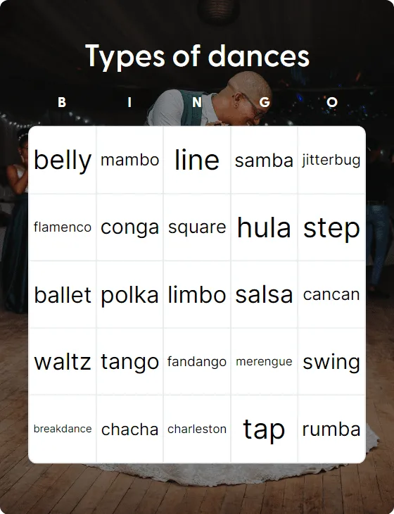 Types of dances bingo card template