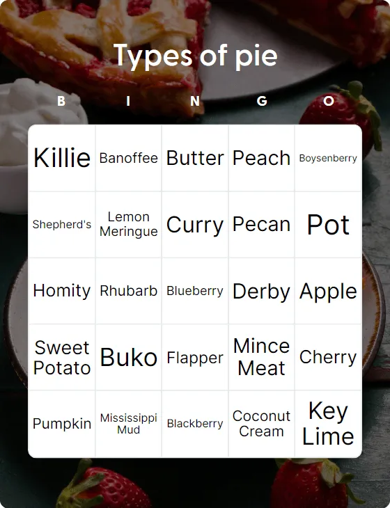 Types of pie bingo card template