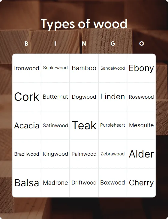 Types of wood  bingo card template