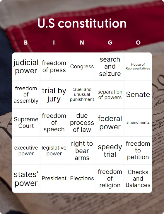 U.S constitution bingo card