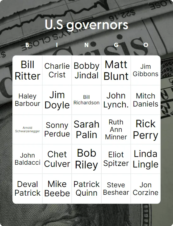 U.S governors bingo card template