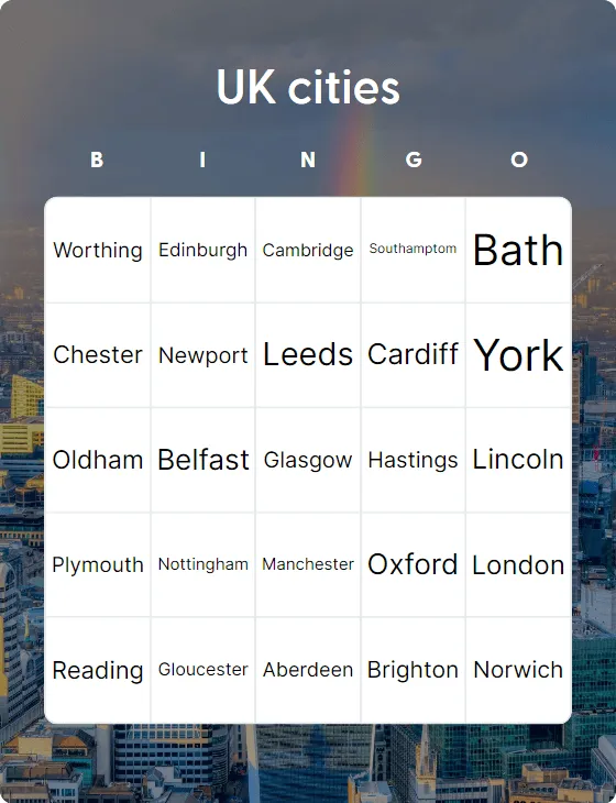 UK cities bingo card