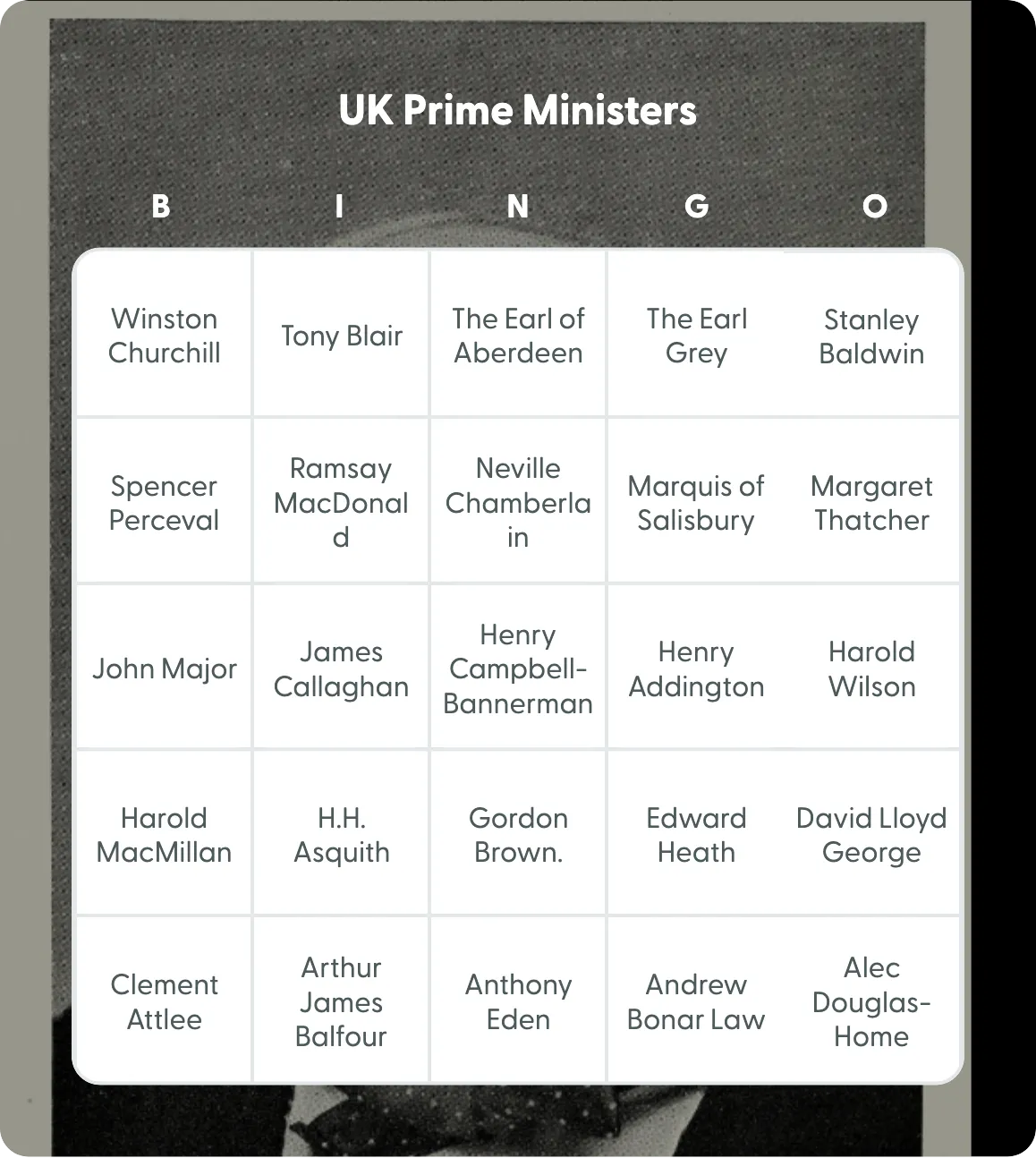 UK Prime Ministers bingo card