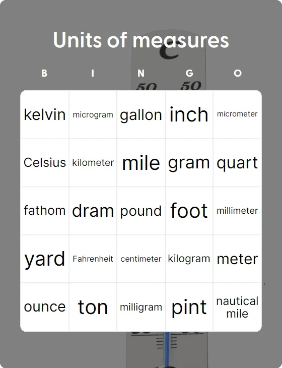 Units of measures bingo card template