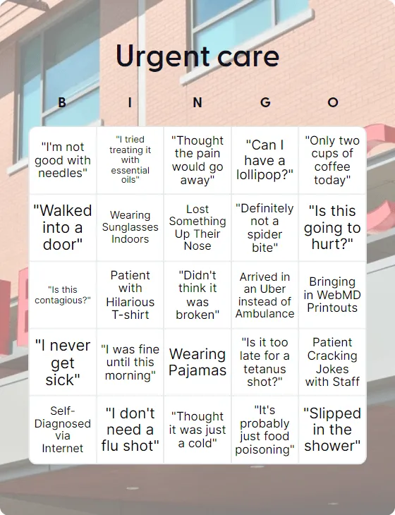 Urgent care bingo card template