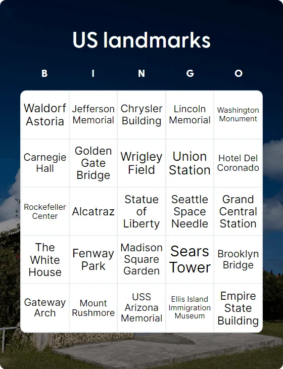 US landmarks bingo card