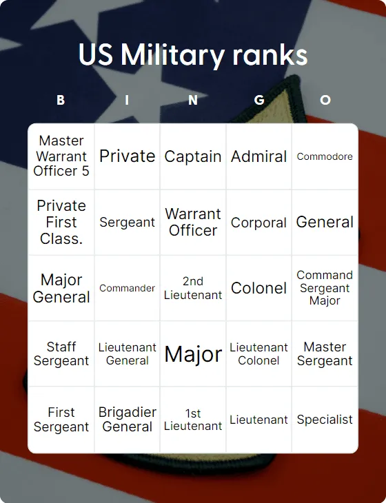 US Military ranks bingo card