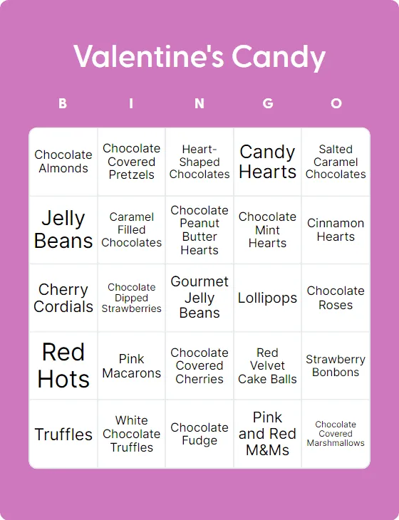 Valentine's Candy bingo card