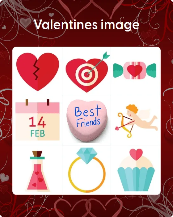Valentines image bingo card template