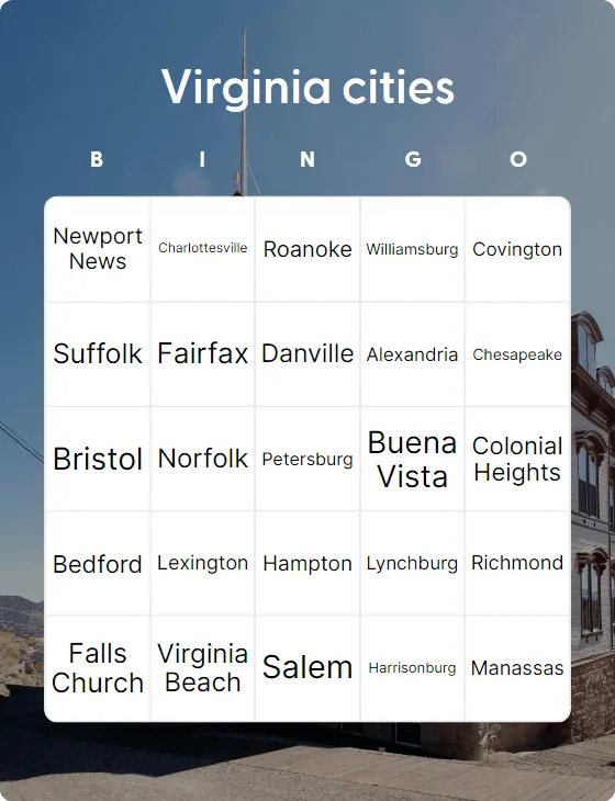 Virginia cities bingo card